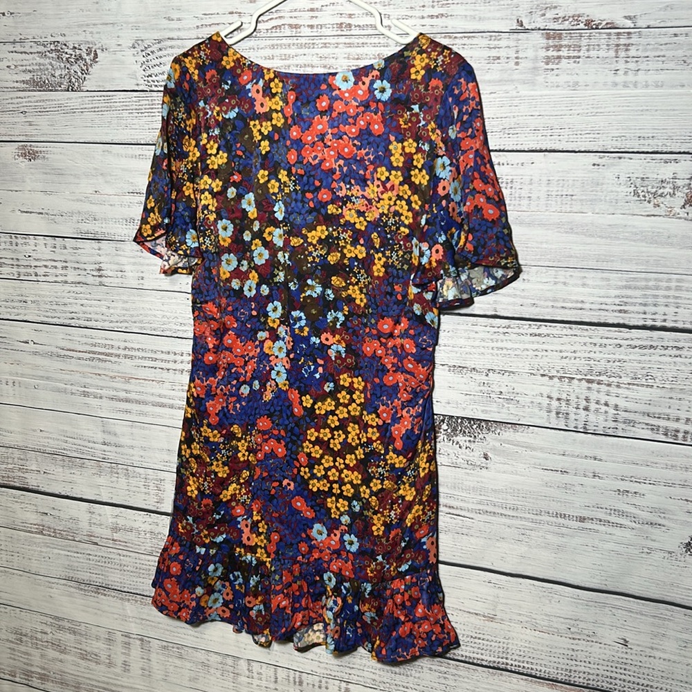 Anthropologie Ruffled Satin Mini Dress Floral Open Low Back Bow 12P - Picture 4 of 16
